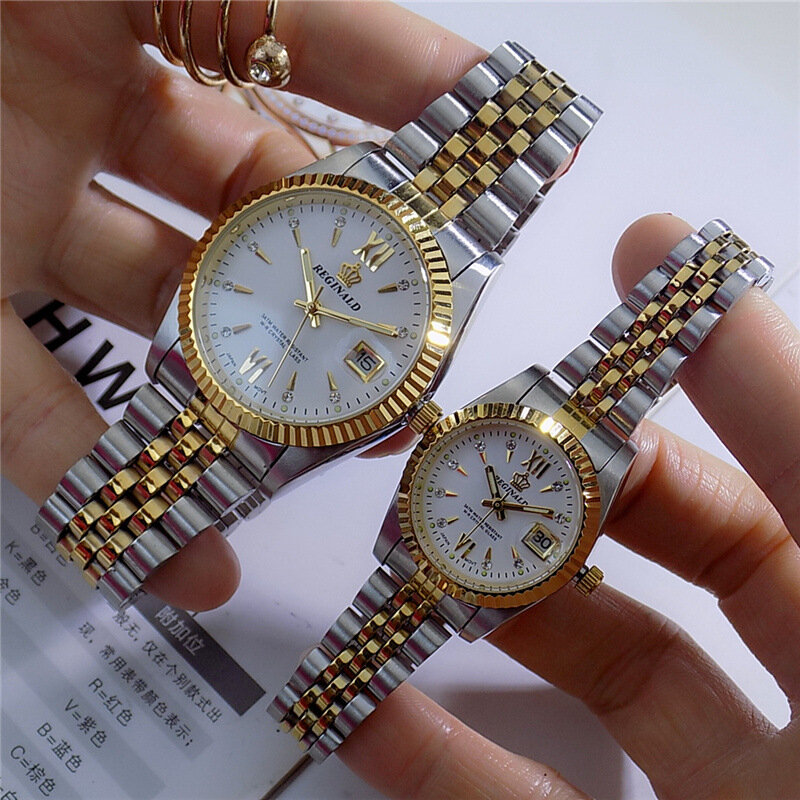 Часы наручные Reginald в деловом стиле для мужчин и женщин, брендовые золотистые кварцевые часы со стальным браслетом, подарок на день Святого В...