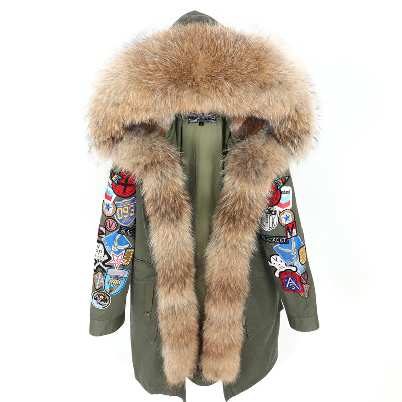 Maomaokong2019 new Fashion women Raccoon hairy collar Embroidered armband Medium and long section Fur Leisure Cotton jacket