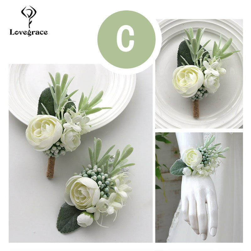 งานแต่งงาน Boutonnieres สร้อยข้อมือ Corsage ข้อมือเพื่อนเจ้าสาวดอกไม้ผ้าไหมสีขาวดอกกุหลาบเจ้าบ่าวเข็มกลัด Pins แต่งงาน Cuff สายรัดข้อมือ