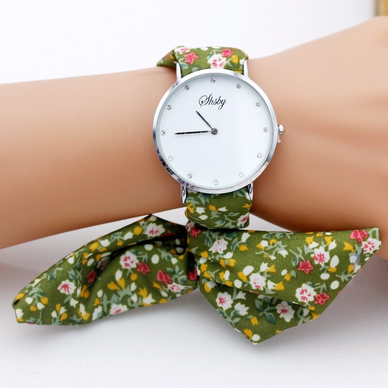Shsby reloj de pulsera de tela de flores para mujer, diamantes de imitación plateados, reloj de vestir para mujer, reloj de tela de alta calidad, reloj de pulsera para niña dulce