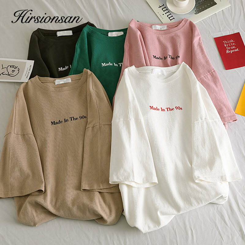 Hirsionsan летняя футболка женская 2019 с буквенным принтом, женские белые футболки топы с круглым вырезом, большие футболки с коротким рукавом, же...