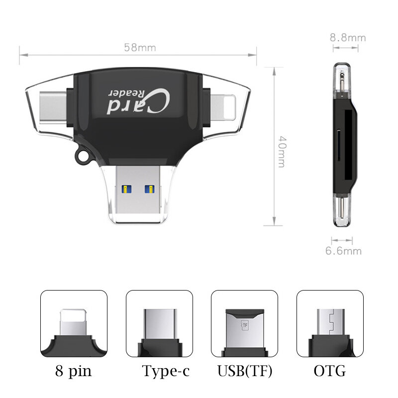 For iPhone Card Reader Multi-function 4 in 1 TF SD Card Reader For Camera OTG Card Reader