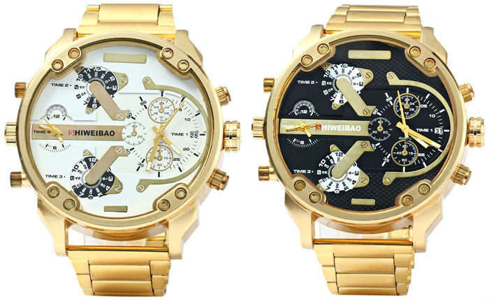 Brand Shiweibao Mens Quartz Watches Men Golden Steel Watchband Dual Time Zones Military Wristwatches Sport Relogio Masculino New