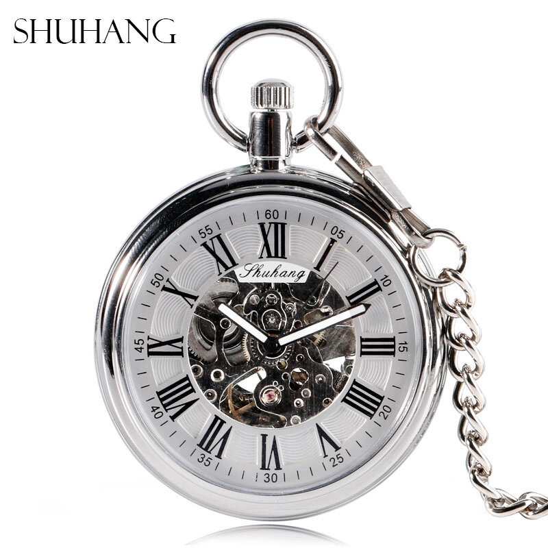 SHUHANG nowy zegarek mechaniczny 2017 mężczyźni automatyczny samonakręcający kieszonkowy zegarek srebrny prosty otwarty łańcuszek wisiorek z z cyframi rzymskimi