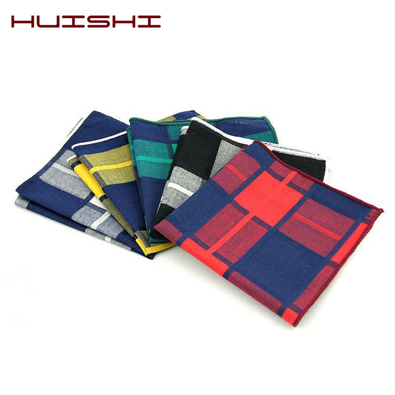 HUISHI-pañuelos de toalla a cuadros para hombre, pañuelo cuadrado de bolsillo de algodón de marca para trajes de hombre, pañuelo a rayas, regalos de boda