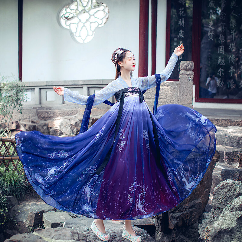 فستان صيني Hanfu الأزرق التطريز hanfu النساء فساتين الصين نمط الرقص الشعبي تأثيري ازياء كيمونو الملابس التقليدية