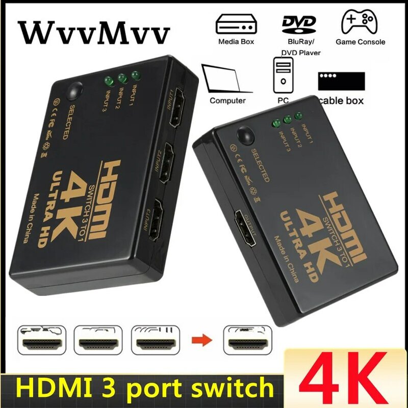 HDMI Switch 4K Switcher 3 In 1 Out HD 1080P วิดีโอที่แยกสายไฟ1X3 Hub Adapter Converter สำหรับ PS4/3กล่องทีวี PC HDTV