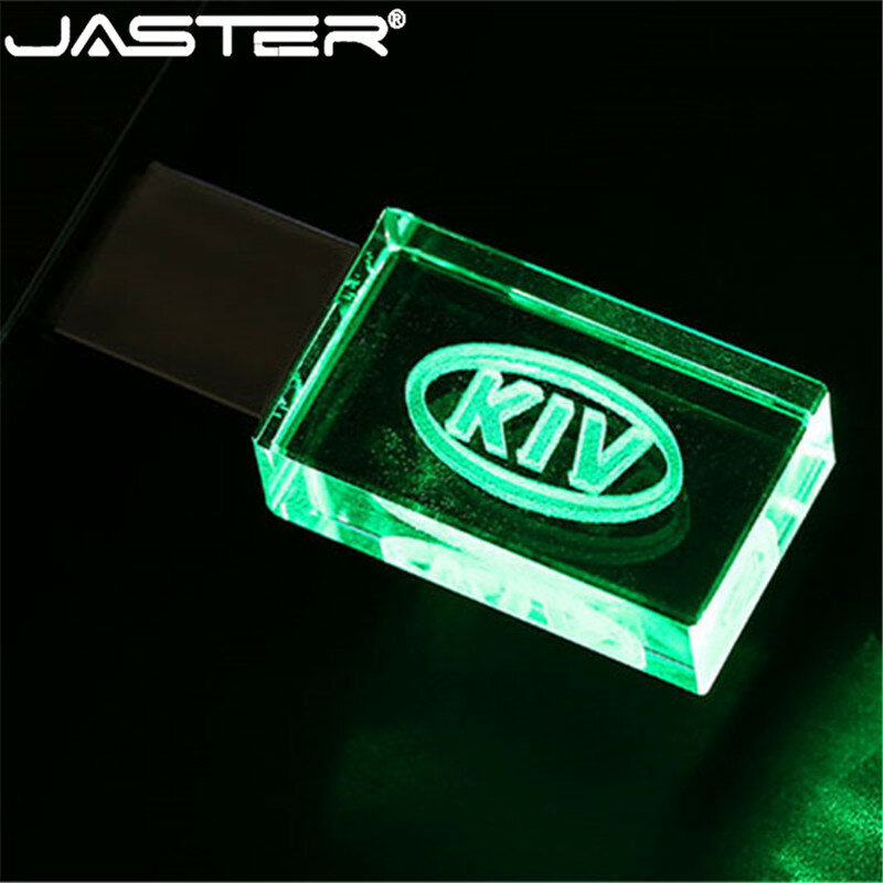 JASTER 2.0 Flash Drives 64GB Crystal Car LOGO Pen Drive 32GB Azul LED luz USB Stick 16GB Pendrive 8GB Gift Armazenamento Externo