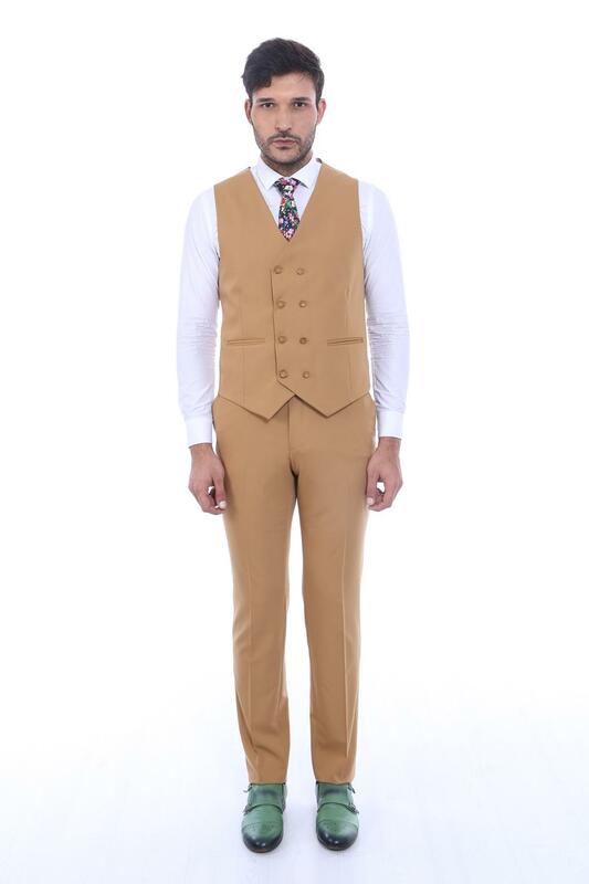 Nowy Camel garnitury męskie tkanina wysokiej jakości 3 sztuka zwykły garnitur wycięcie klapy stałe smokingi Groomsmen na ślub (marynarka + kamizelka + spodnie)