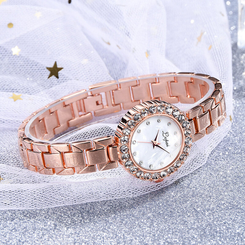 Senhoras da moda Relógios de Pulso Analógico de Quartzo Diamante Pulseira Relógio de Vestido para As Mulheres relógio de Pulso Banda de Metal em Ouro Rosa horloge dames