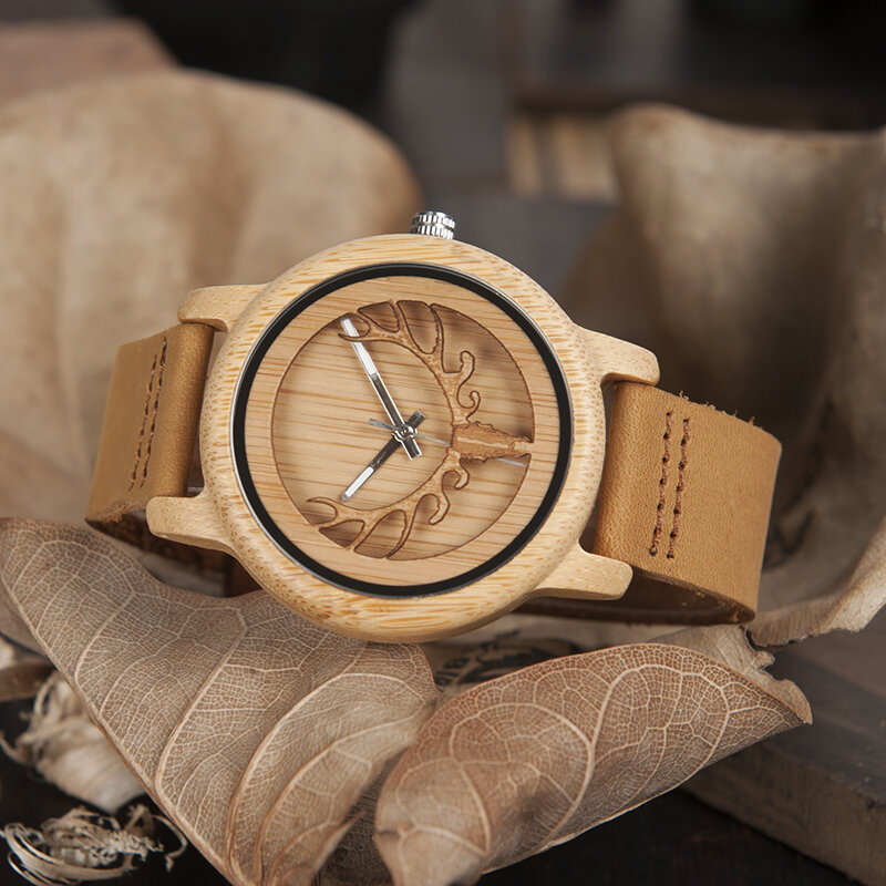 ボボバード-メンズ竹時計,クォーツ腕時計,木製,鹿の頭のデザイン,本革のアクセサリー,カスタマイズ可能