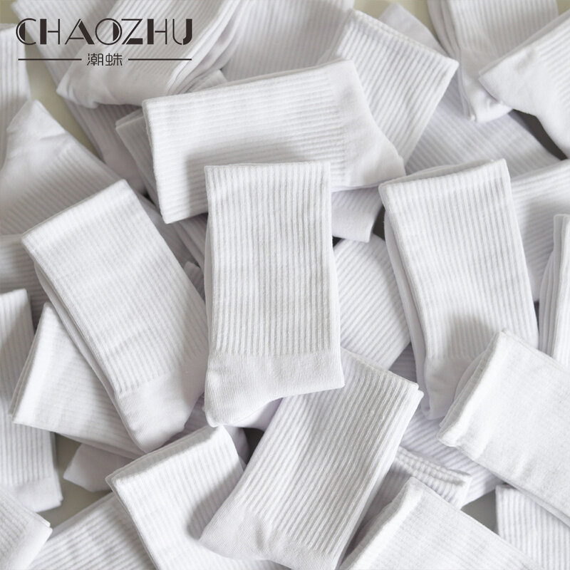 CHAOZHU-Meias casuais de algodão para homens e mulheres, meias básicas diárias, brancas e pretas, meias de costela stretch, primavera, outono, inverno