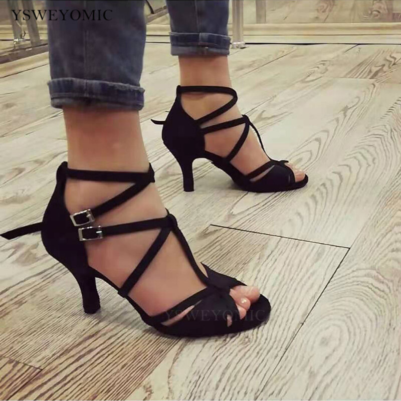 Zapatos de baile de Salsa para mujer, calzado de satén negro con tacón de 7cm, suela de ante para interiores, salón, latino, 2021