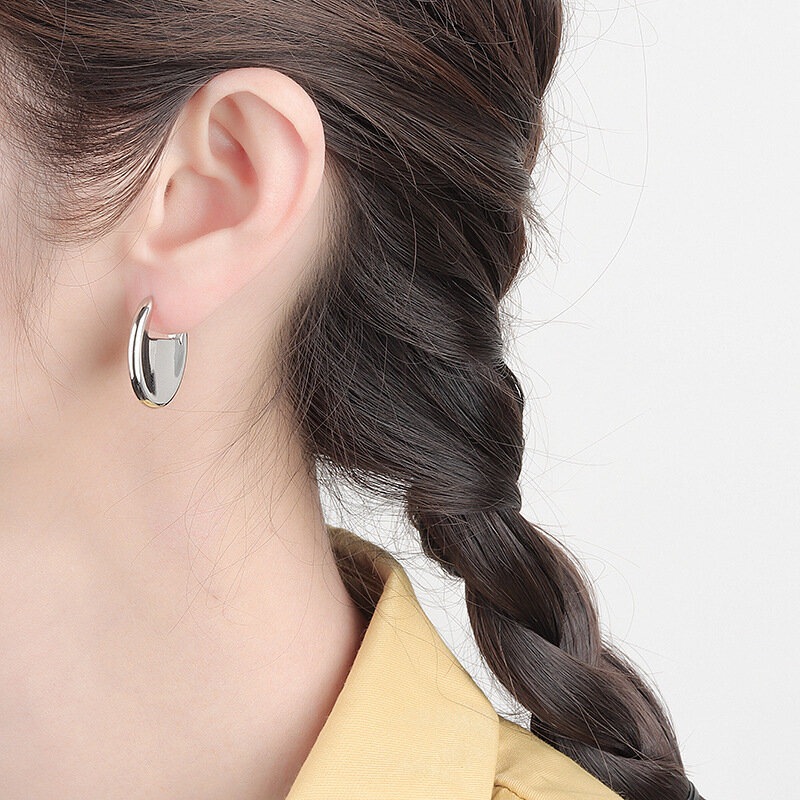 QMCOCO – boucles d'oreilles en argent 925 pour femmes, bijoux tendance simples, forme ovale, accessoires de fête rétro, cadeaux ronds