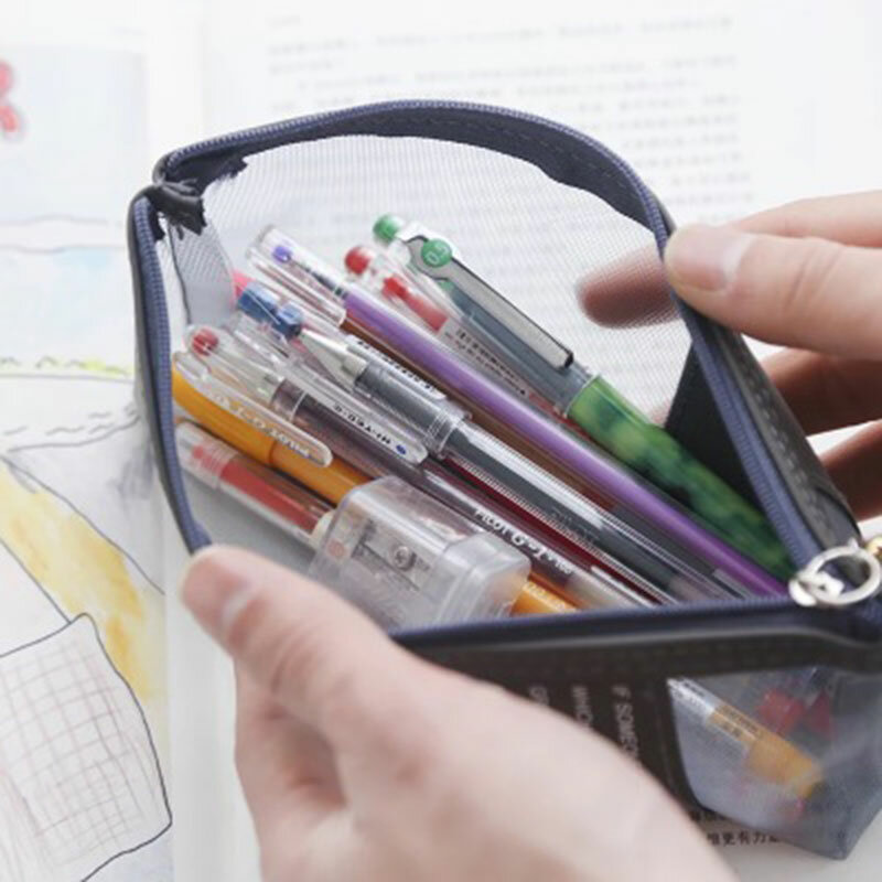 Transparent Mesh Pen Bag Creative Large Capacity Zipper Pencil Bag Student Stationery Storage Bag