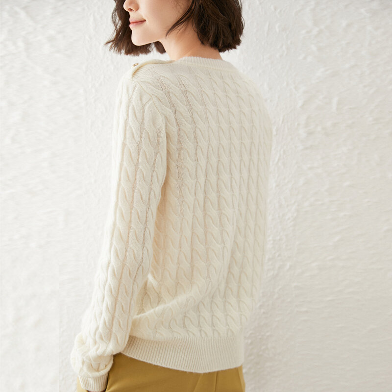 WWnter-suéter de cuello redondo para mujer, jersey de Cachemira gruesa, Jersey de punto de lana pura retorcida, camisa de fondo informal, Otoño, 2022
