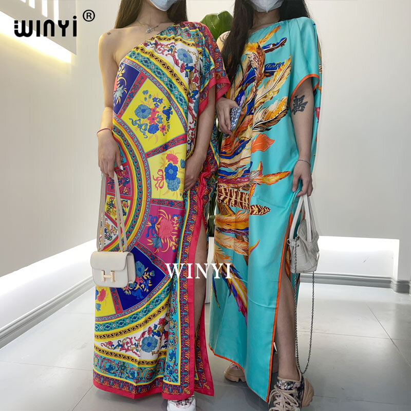 WINYI-Vestido largo holgado con estampado para mujer, vestido largo con diseño de moda, con diagonal y hombros descubiertos, para fiesta en la playa y verano, 2021