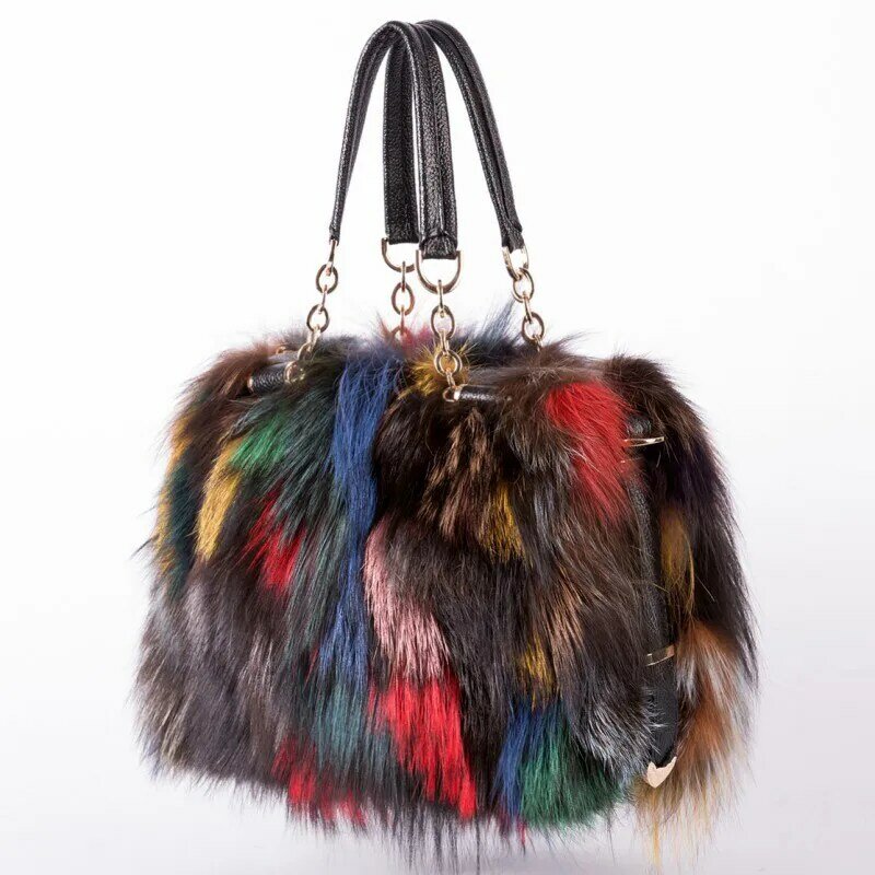 Bolso de mano de piel de zorro Real para mujer, bolsa de hombro de marca, de diseñador, de noche, Multicolor