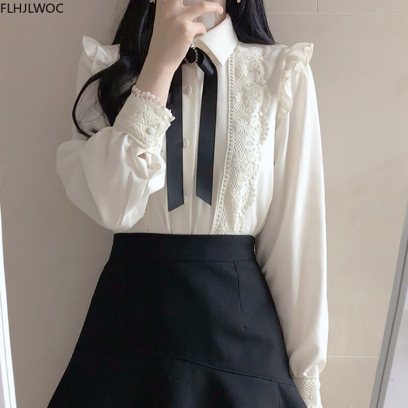 Ruffled Autumn Spring Basic Office Lady Work Wear Women Single Breasted Button Solid Peter Pan Collar Top White Shirts Blouses