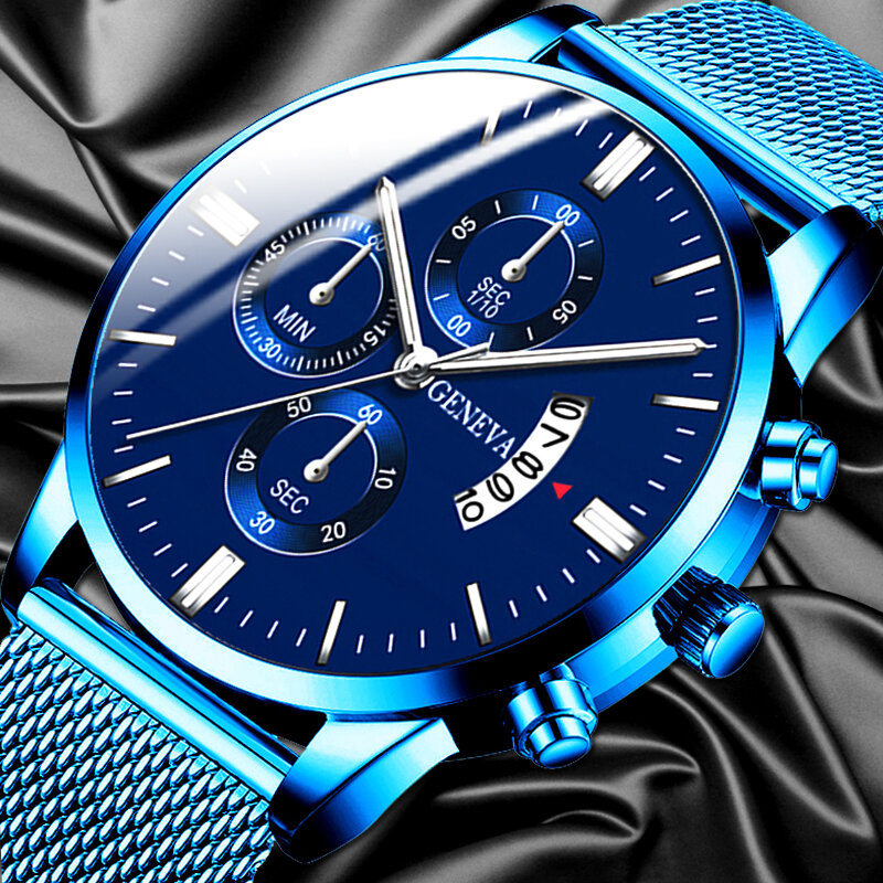 2020 moda męska kalendarz biznesowy zegarki luksusowe niebieski siatka ze stali nierdzewnej pas analogowy zegarek kwarcowy relogio masculino