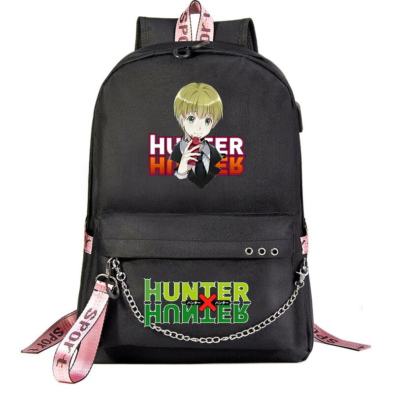 Mochila de Anime Hunter X Hunter para adolescentes y niños, morral escolar con cadena de carga USB, bolso de viaje diario