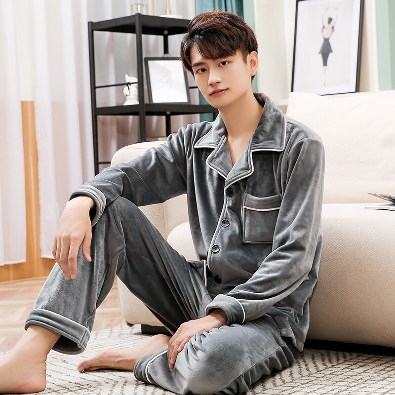 Pijama masculino de lã coral, pijama grosso com mangas longas para homens, com pelúcia macia, cinza
