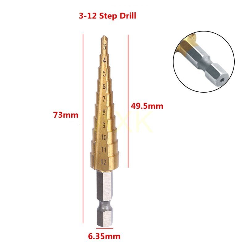 HSS Straight Groove Hexagonal Step Drill Bit Set, revestido de titânio, madeira, Metal Hole Cutter, Core, 3-12mm, 4-12mm, 4-20mm