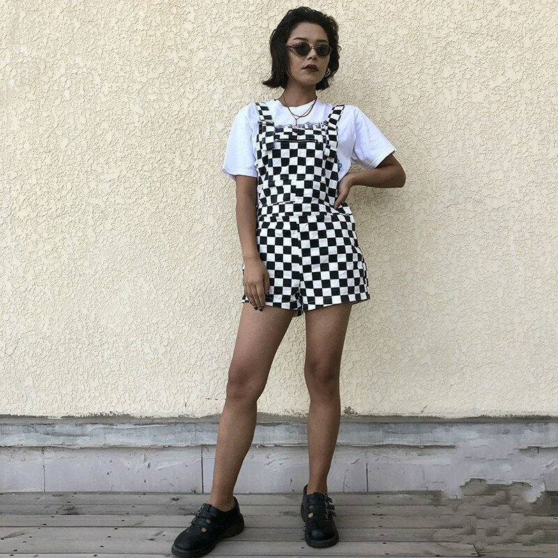ผู้หญิง VINTAGE Checkerboard ลายสก๊อต Jumpsuit Suspender Overalls สายรัด Romper Playsuit Streetwear กางเกงขาสั้น One ชิ้น