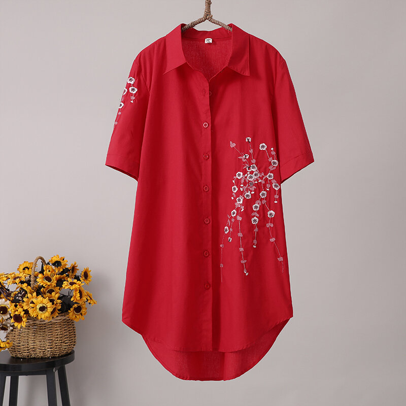 Blusa holgada de manga corta con bordado de flores para primavera y verano, camisa elegante de algodón 2021, estilo étnico, 100%