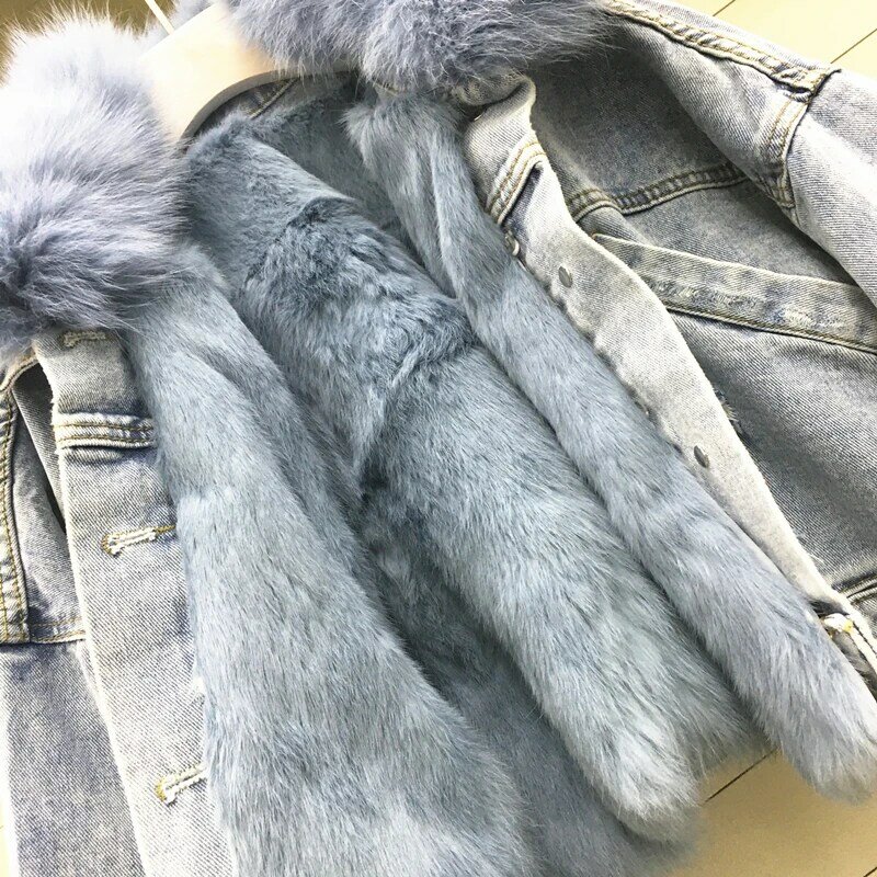 Real Fox fur collar thick warm denim jacket female winter detachable real rabbit fur liner Bandage stitching real fur coat F2153
