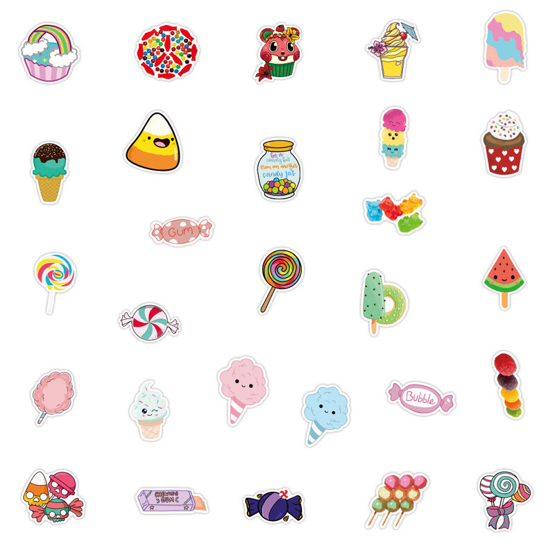 Pegatinas de dibujos animados de comida de helado de caramelo Kawaii DIY, bicicleta, monopatín, nevera, guitarra, portátil, equipaje, regalo divertido para niños, 10, 30, 50 piezas