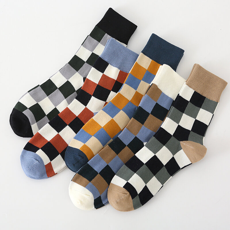5Pair-pack nuovi calzini da uomo calzini colorati a griglia calzini Casual in cotone pettinato felice di alta qualità calzini da uomo alla moda