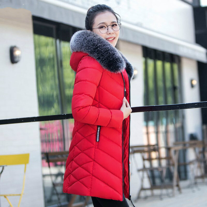 Long manteau d'hiver pour femme, parka en coton épais et chaud, avec capuche en fourrure, vêtements Slim, LWL1138