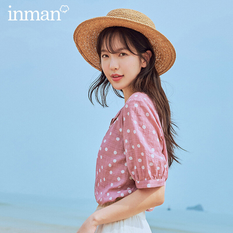 INMAN 2020 Summer New Arrival Sweet French Style Square Collar Wave Point Single-breasted Short Sleeve Blouse