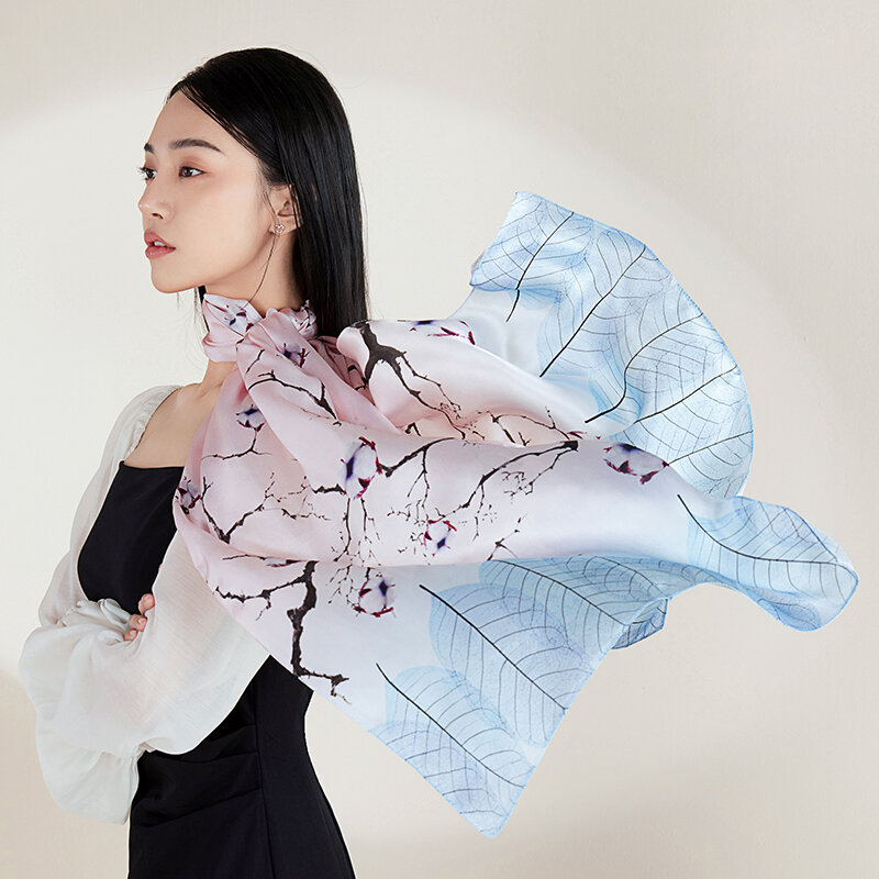 Bufanda larga 100% seda Natural estilo pintura china para mujer, chal de seda pura, pañuelo de lujo de 170x53cm