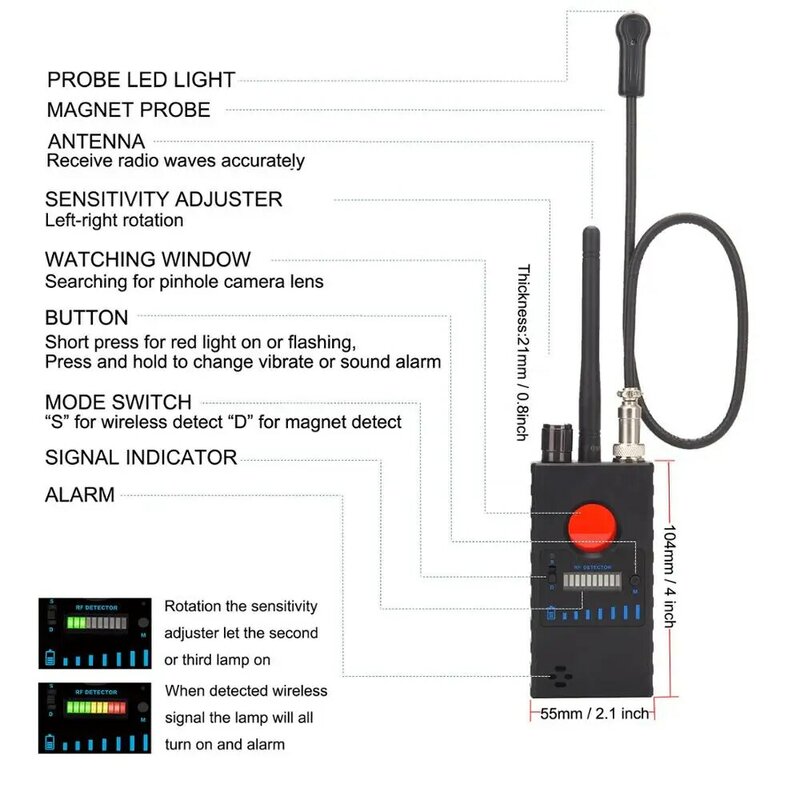 Anti Spy Detector,Wireless RF Bug Detector,Ultra-Sensitive Bug Sweeper for Wireless Mini Camera GSM Listening Device Detector