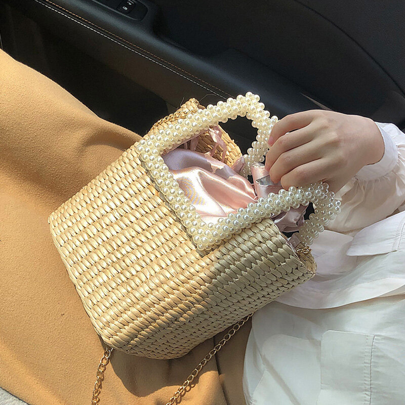 Женская соломенная сумка с жемчугом, плетеная сумка на плечо, для отдыха на море, дизайнерская сумка от известного бренда, 2024