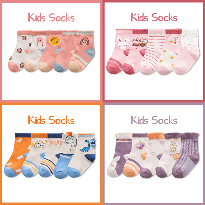 Fashion 5 Pairs/lot Children's Socks Spring Autumn Cotton Kids Socks Baby Boys Girls Cartoon Dinosaur Socks Stripe Sports Socks