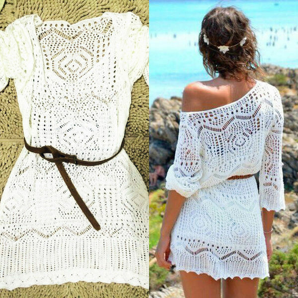 Vestido de praia sexy de renda crochê feminino, branco vê através da roupa de banho, maiô encobrir, mini vestidos, verão