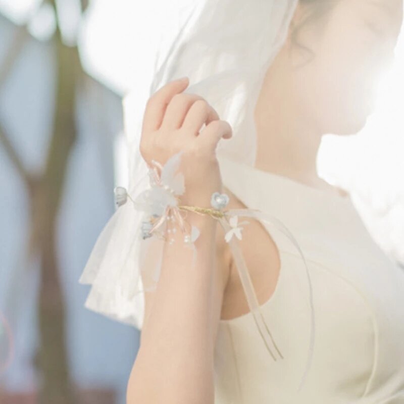 Gelang Pernikahan Mempelai Wanita Korsase Pergelangan Tangan Bunga Sutra Mawar Pengiring Pengantin Perempuan Prom Korsase Aksesori Perlengkapan Pernikahan