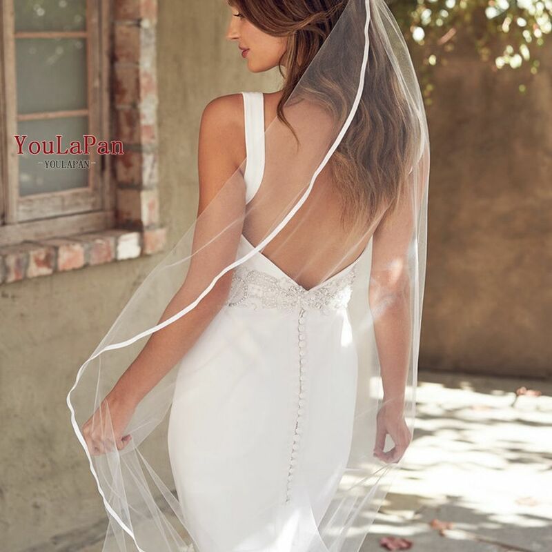 Youlapan-véu de noiva v21, véu de noiva longo com faixa borda, simples, elegante, de alta qualidade, feito à mão, branco marfim