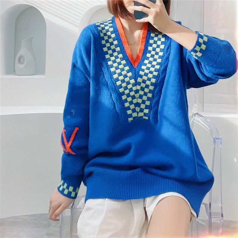 2021 Sweter V-neck Biru Wanita Pullover Lengan Panjang Desain Rajutan Longgar, Blus Pelangsing Sweter Wanita