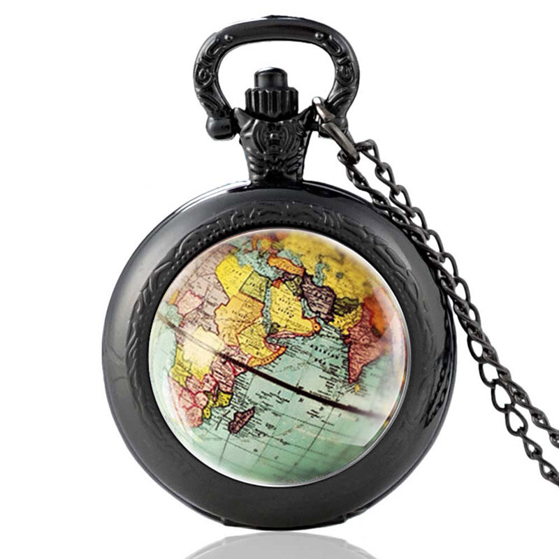 Relógio de bolso de quartzo de cabochão de vidro do vintage mapa do mundo