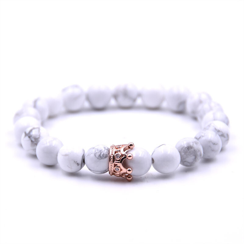 Moda preto branco grânulos de pedra com cor de ouro liga coroa pulseira para mulheres masculino casal pulseiras jóias vimio