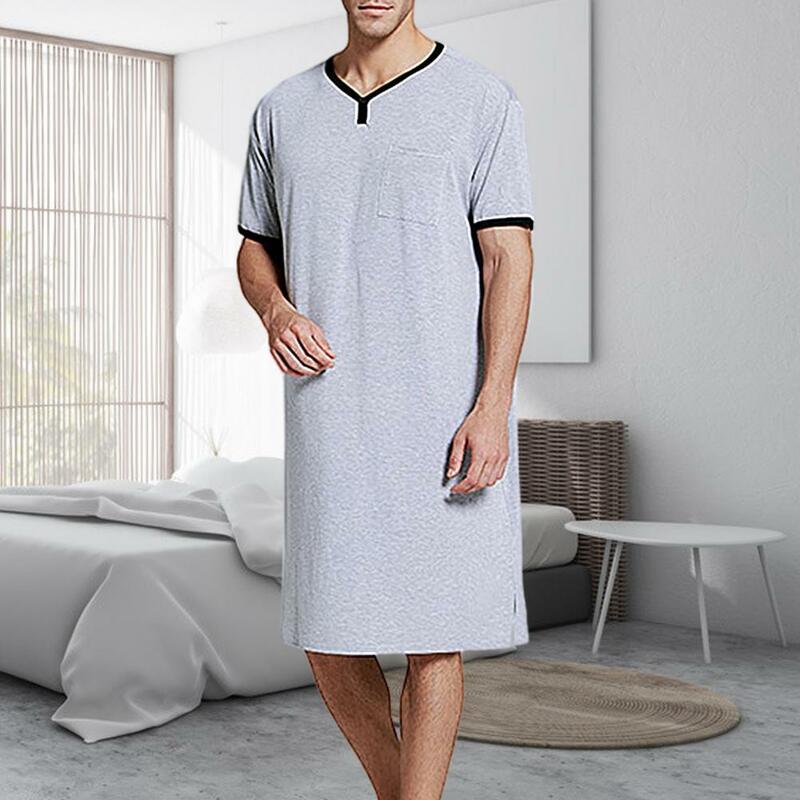 Baju Tidur Pria Baju Tidur Saku Leher O Lengan Pendek Baju Tidur Panjang Selutut Longgar Baju Rumah Ukuran Plus 3XL Baju Hangat untuk Pria