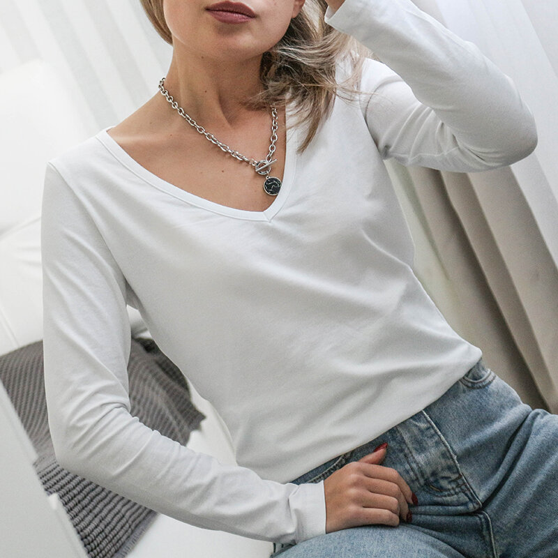 T-Shirt da donna in cotone 94% Sexy scollo a v manica lunga Tees Harajuku Basic Streetwear top abbigliamento donna рубашки