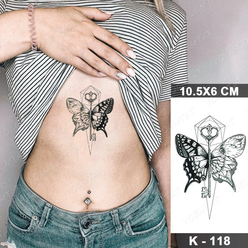 Водостойкие Временные татуировки, наклейки, черная бабочка, роза, Переводные женские сексуальные татуировки на шею, руку, грудь, боди-арт, искусственные татуировки