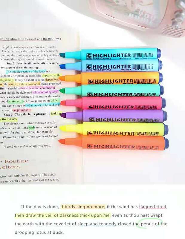 日本の色の蛍光ペン,大容量,単色,学生用,8個セット