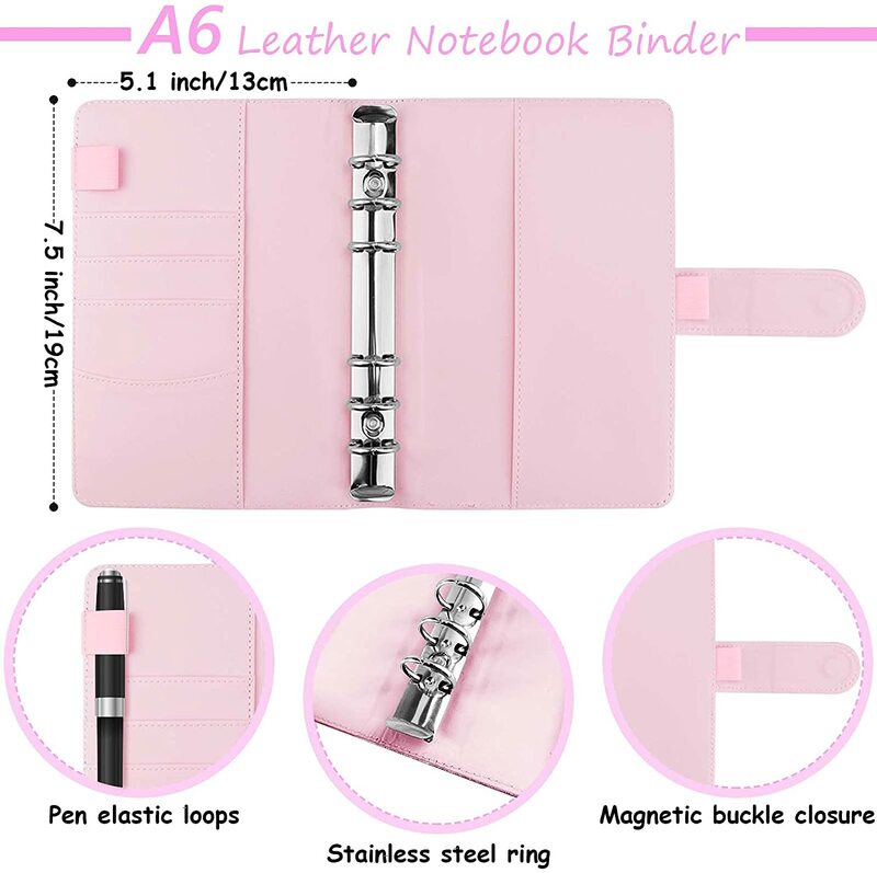 A6 PU Leather Notebook Binder Budget Cash Envelopes with 8PCS Binder Zipper Pockets 12PCS Expense Budget Sheets 2PCS Labels