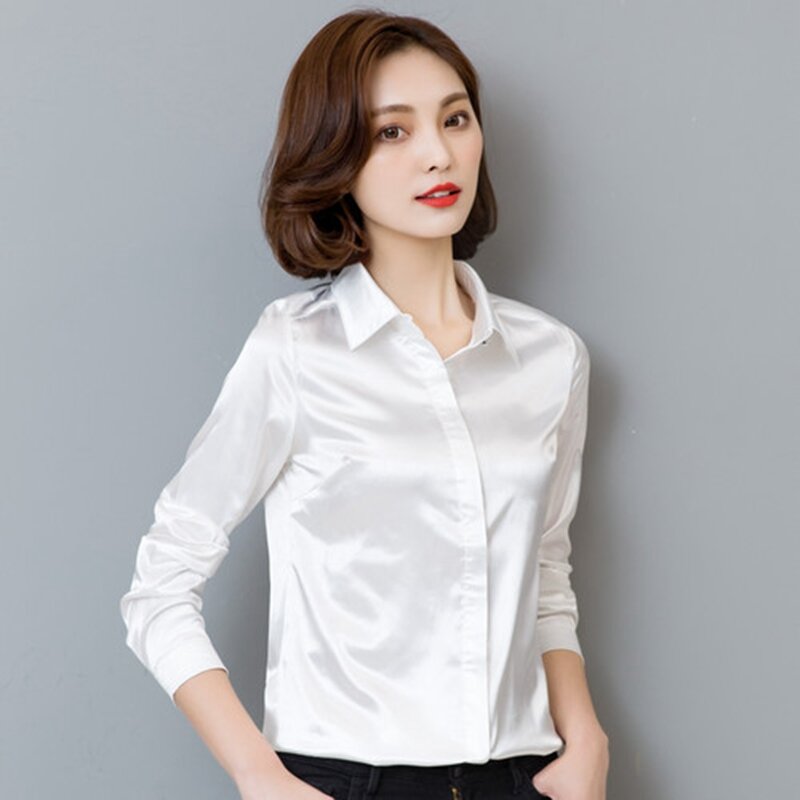 Stinlicher Satin Silk Shirt Frauen frühling Herbst Langarm Elegante Arbeit Tragen Tops Koreanische Mode Weiß Blau Schwarz Bluse Hemd